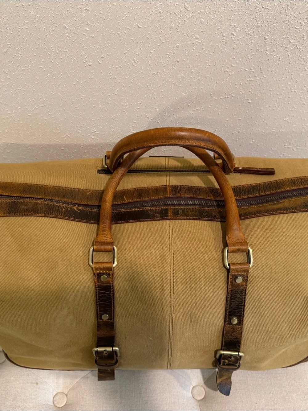 Kodiak Tan Canvas Duffel with Brown Leather Trim